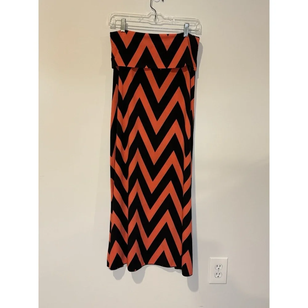 Spiaggia Dolce Maxi Skirt Dress Coral Orange Black Zig Zag Chevron Sz. LG Boho